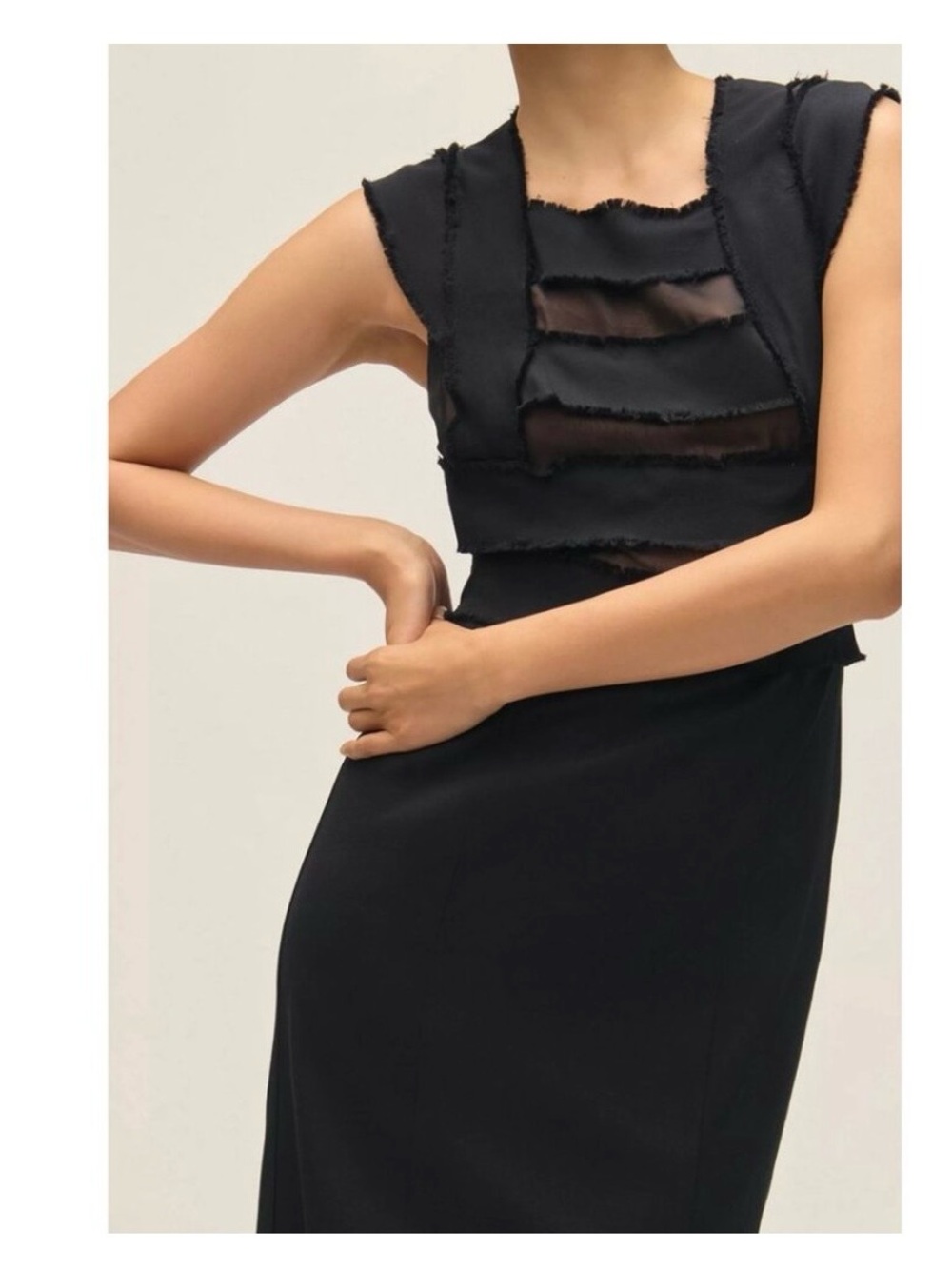 Anthropologie Black Sleeveless Midi Dress with Sheer Panel Accents